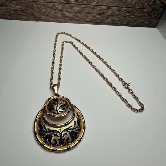 Trifari Jewelry - Crown Trifari L'ORIENT Necklace Pendant Blue Enamel Gold Tone Vintage Signed